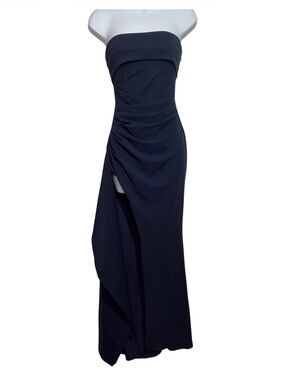 Baby Boo Strapless Navy Ruched Evening Gown Size XS Formal Prom High Slit Sexy